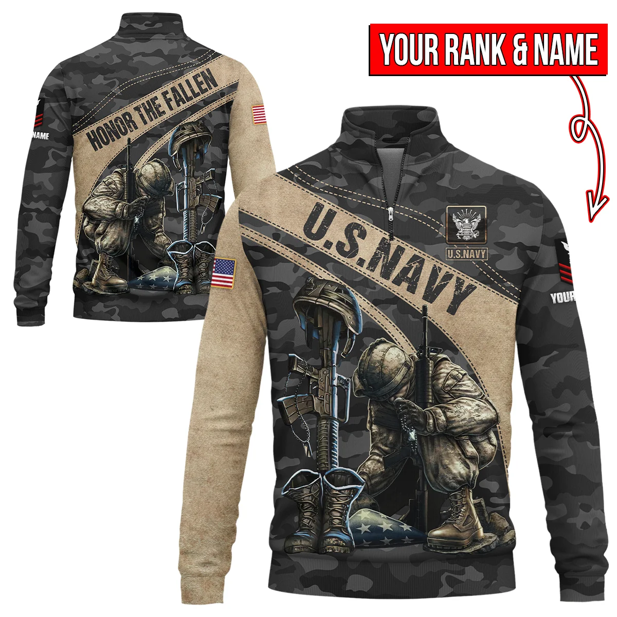 Name & Rank U.S. Navy Honor The Fallen Quarter Zip Sweatshirt QTVET230925A2NV-QTZ